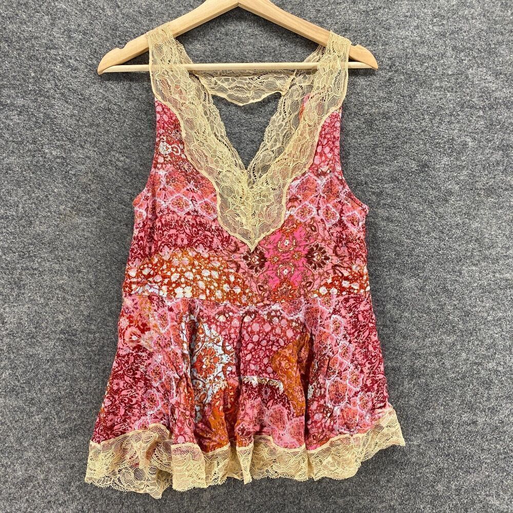 En Creme Blouse Women M Medium Pink Geometric V-Neck Sleeveless Wide Strap Rayon
